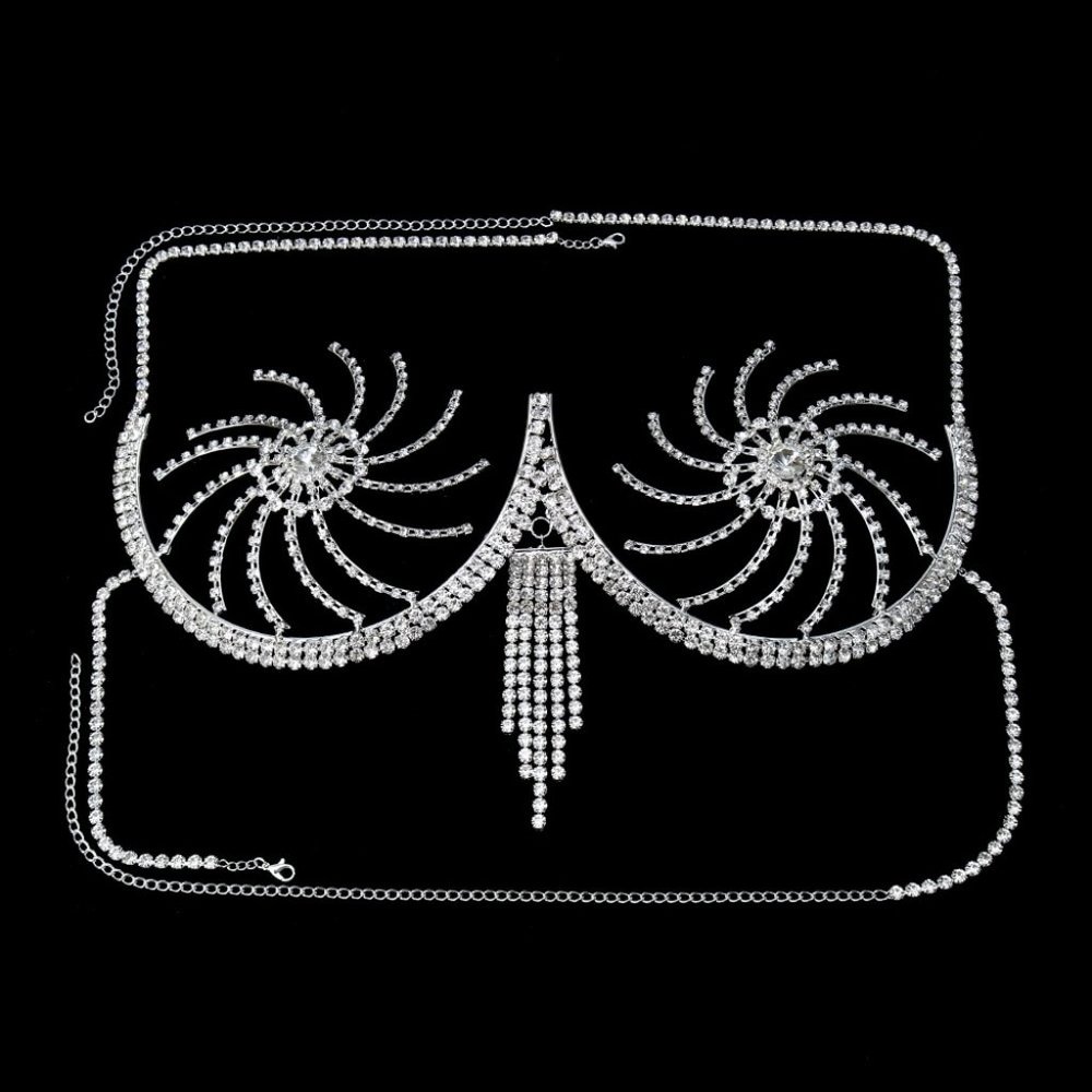 Rhinestone Chest Bracket Tassel Bra Chain Lingerie Crystal Bikini Body Jewelry - Picture 3 of 5